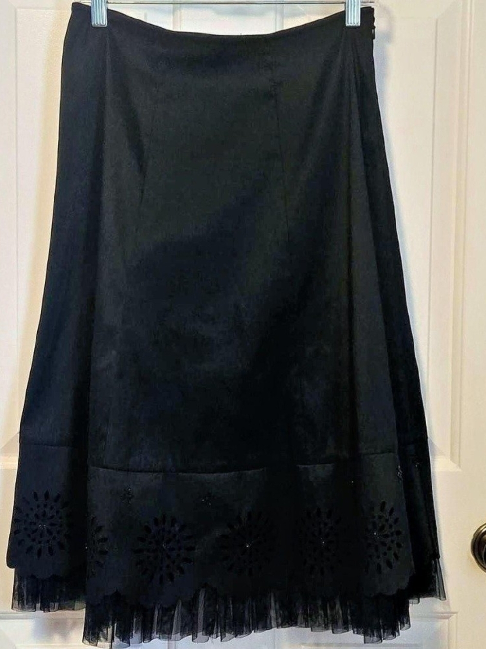M. Colections Black A-Line Midi Skirt with Scalloped Cutwork Hem